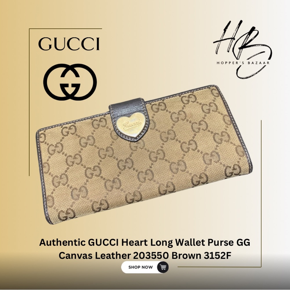 Authentic GUCCI Heart Long Wallet Purse GG Canvas Leather 203550 Brown 3152F